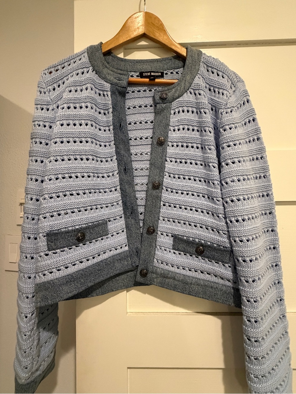 Steve Madden Light Blue Crochet Cardigan with Gray Trim